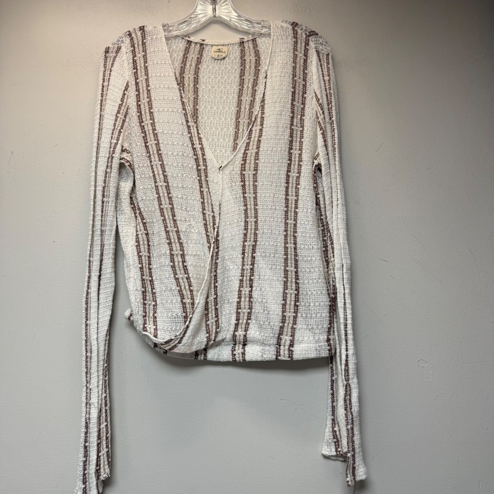 O'Neill Sweater Women Small White Brown Excellent Striped Wrap Boho Knit 12751